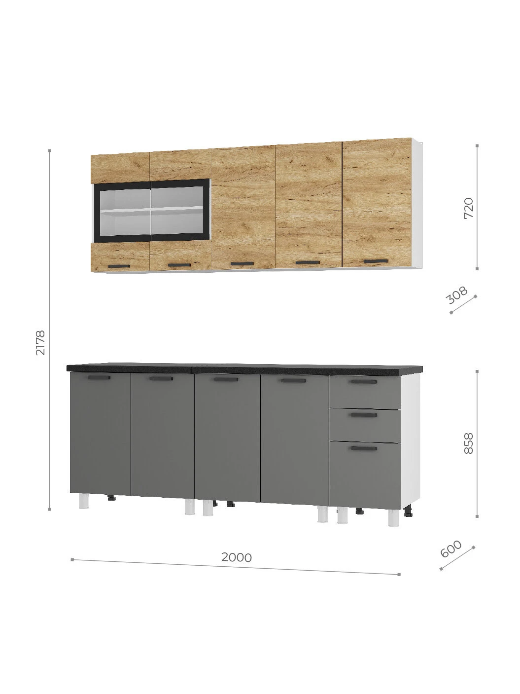Кухонный гарнитур Крафт тип 2 200 см, ЛДСП, графит / черный янтарь, прямая кухня